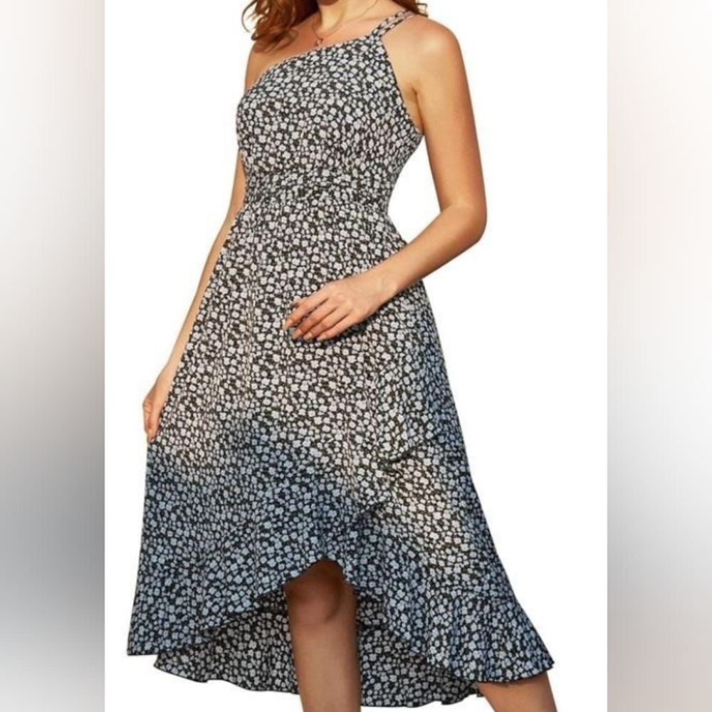 Ruffled Hem Bohemian One Shoulder Small Floral Print Sundress
